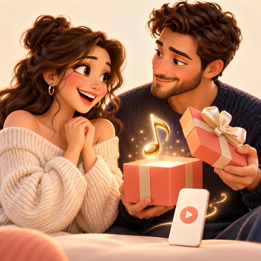 Un couple s’offre un cadeau musical, illustration 3D